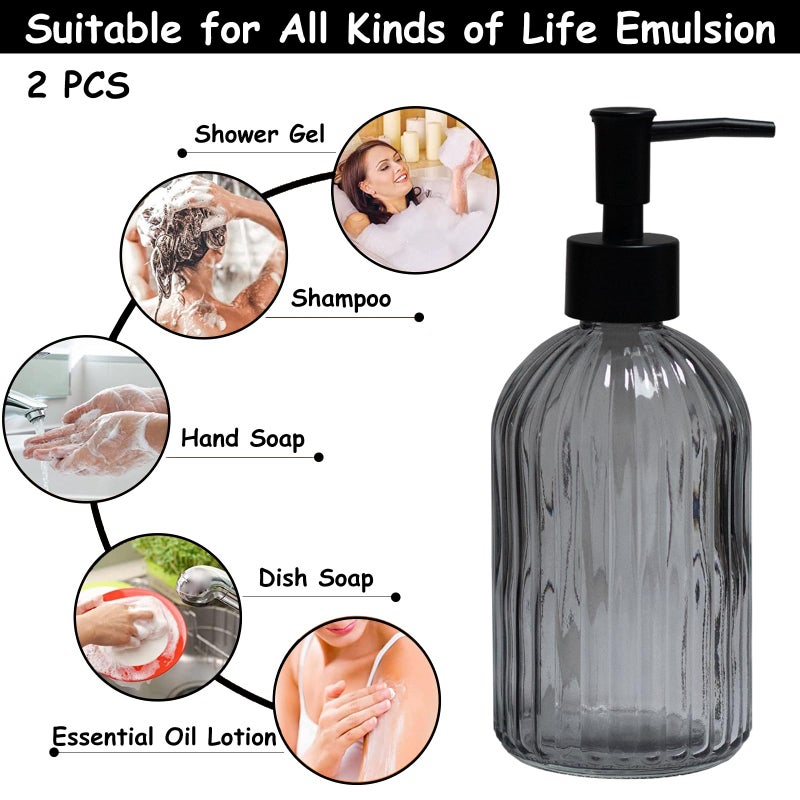 YYTSGG Gray Glass Soap Dispenser Set with Black Pump  13.5oz Refillable Liquid Hand Soap Dispenser  Lotion Dish Soap Dispenser for Modern Home Decor  Bathroom  Kitchen Countertop  Hotel(2 Pack) - Image 4
